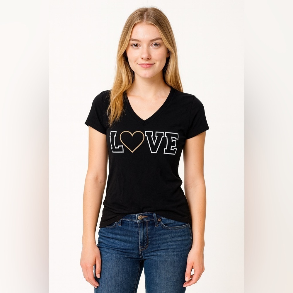 Derek Heart Black Short Sleeve V Neck T-Shirt Small